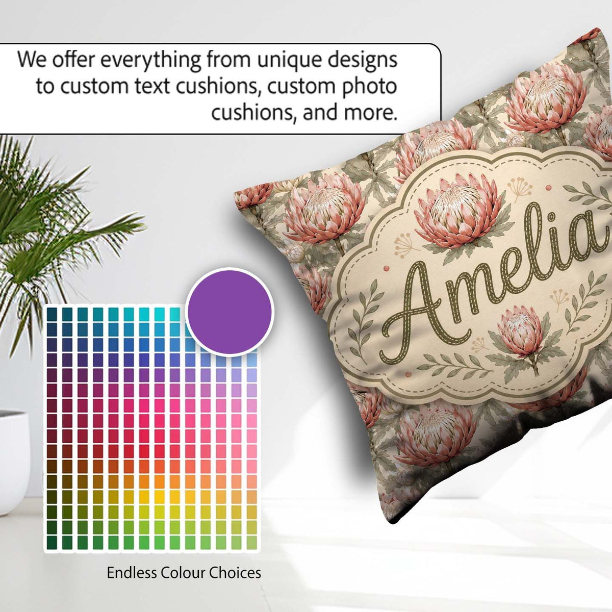 Custom Name Elegant Pink Protea Floral Botanical Seamless Lovely Square Filled Cushion Throw Pillow Sofa Bed Home Decor Zip Washable UK Made