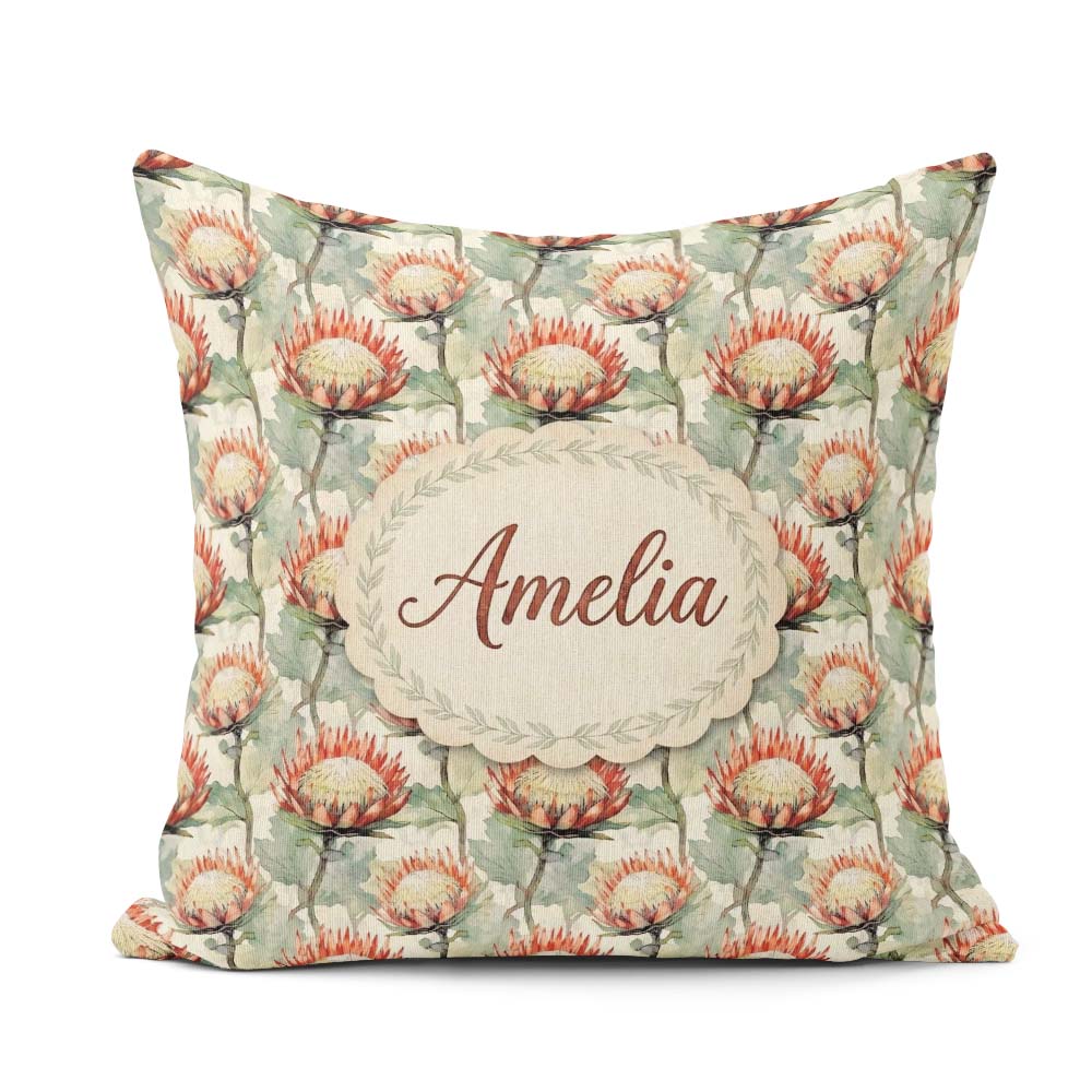 Custom Name Soft Protea Floral Seamless Pattern Stylish Everyday Square Filled Cushion Throw Pillow Sofa Bed Home Decor Zip Washable UK Made