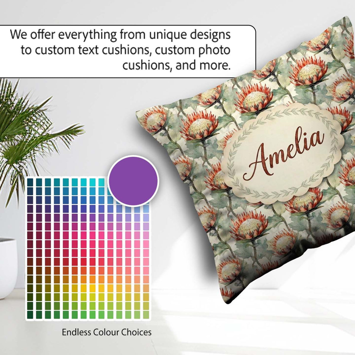 Custom Name Soft Protea Floral Seamless Pattern Stylish Everyday Square Filled Cushion Throw Pillow Sofa Bed Home Decor Zip Washable UK Made