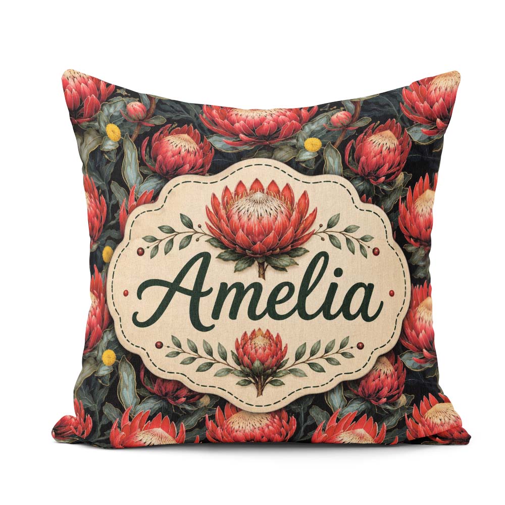 Custom Name Dark Background Red Protea Botanical Seamless Lovely Square Filled Cushion Throw Pillow Sofa Bed Home Decor Zip Washable UK Made