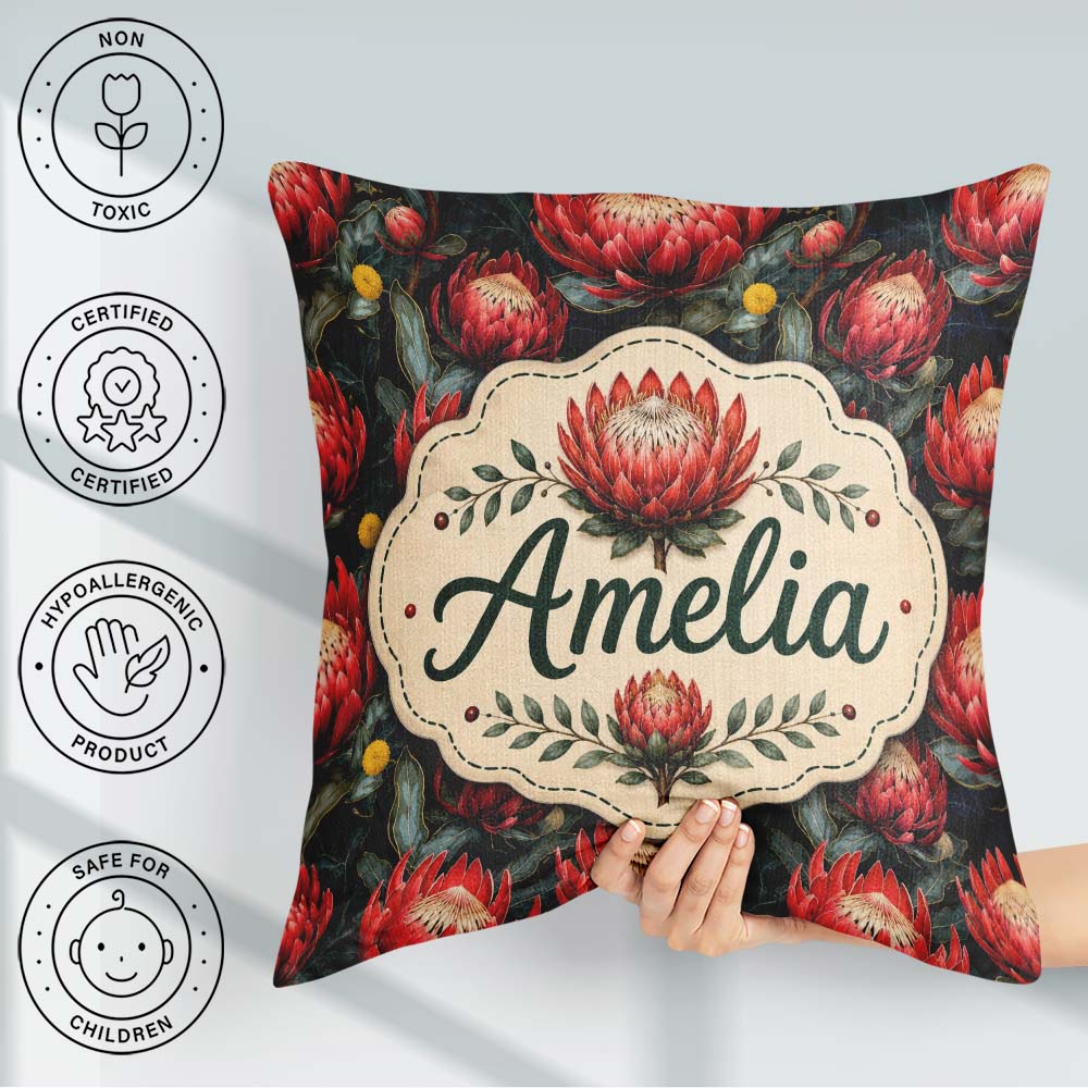 Custom Name Dark Background Red Protea Botanical Seamless Lovely Square Filled Cushion Throw Pillow Sofa Bed Home Decor Zip Washable UK Made