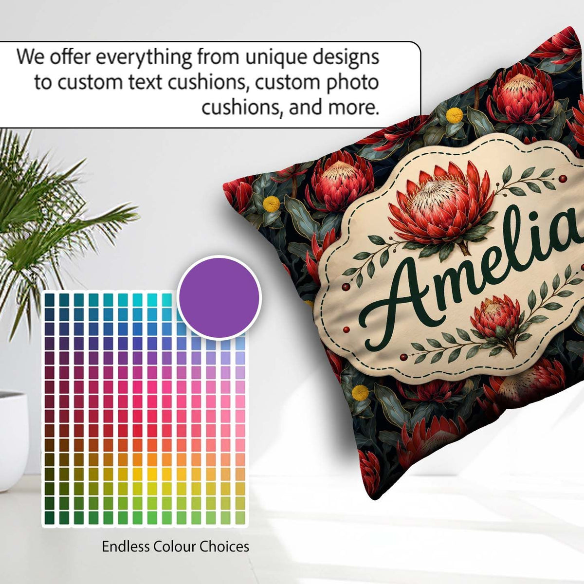 Custom Name Dark Background Red Protea Botanical Seamless Lovely Square Filled Cushion Throw Pillow Sofa Bed Home Decor Zip Washable UK Made