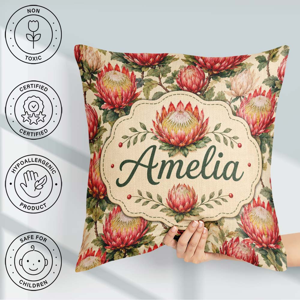 Custom Name Red and Cream Protea Floral Botanical Pattern Lovely Square Filled Cushion Throw Pillow Sofa Bed Home Decor Zip Washable UK Made