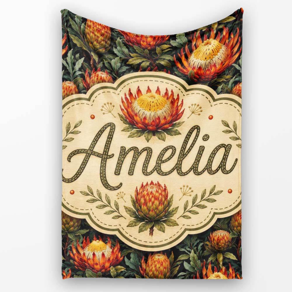 Vibrant Yellow and Red Protea Floral Seamless Pattern Lovely Personalised Custom Name Super Soft Fleece Blanket Bed Sofa Throw