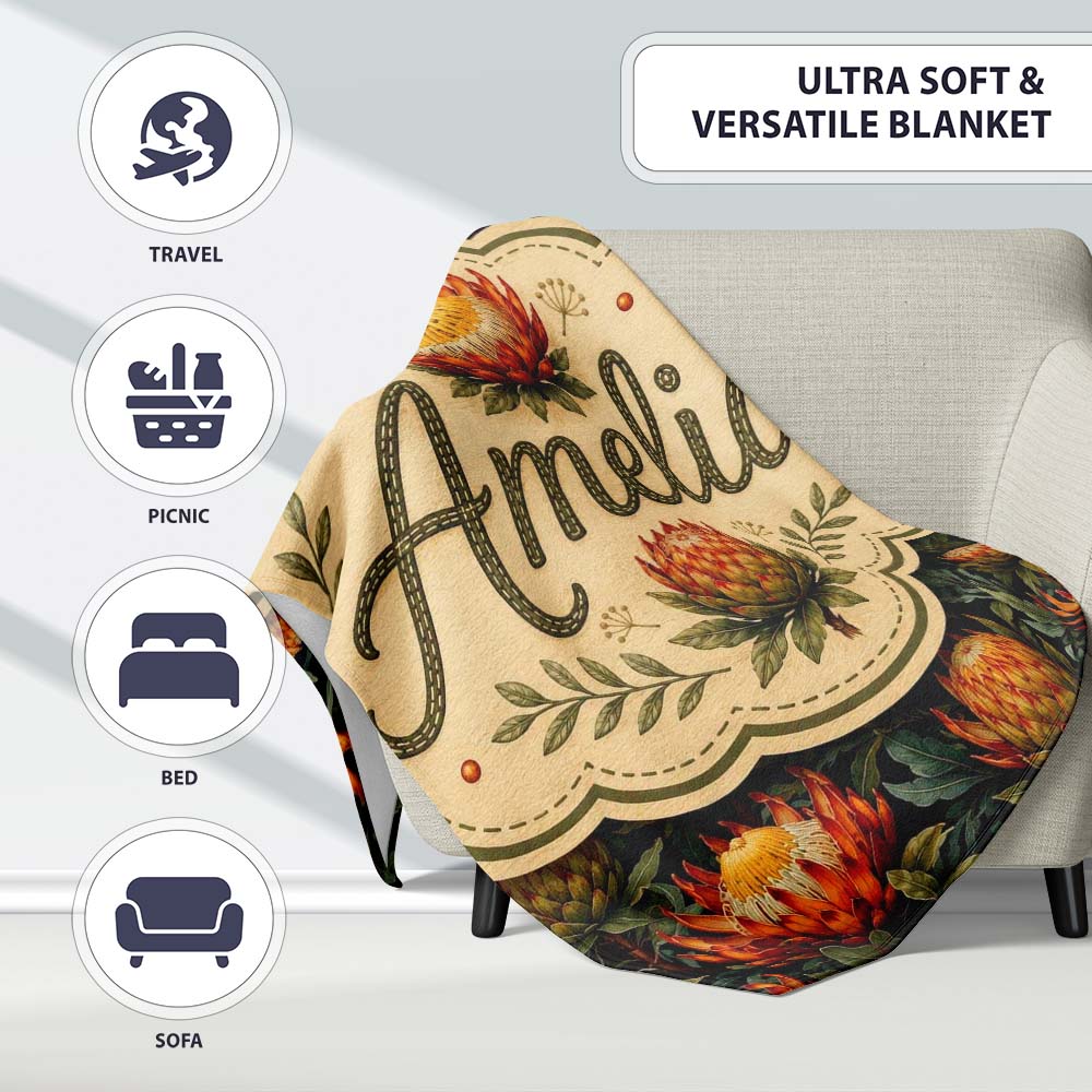 Vibrant Yellow and Red Protea Floral Seamless Pattern Lovely Personalised Custom Name Super Soft Fleece Blanket Bed Sofa Throw