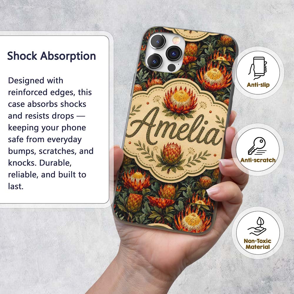 Vibrant Yellow and Red Protea Floral Seamless Custom Name Protective Phone Case Mobile Cover Durable Everyday Smartphone Shock Resistant
