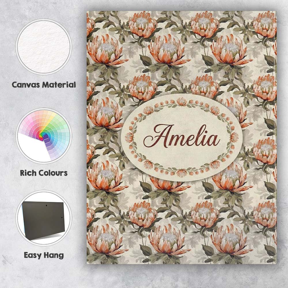 Personalised Name Neutral Tone Protea Custom Modern Room Accent Creative Decorator Style Canvas Wall Art Print Decor Picture Ready to Hang