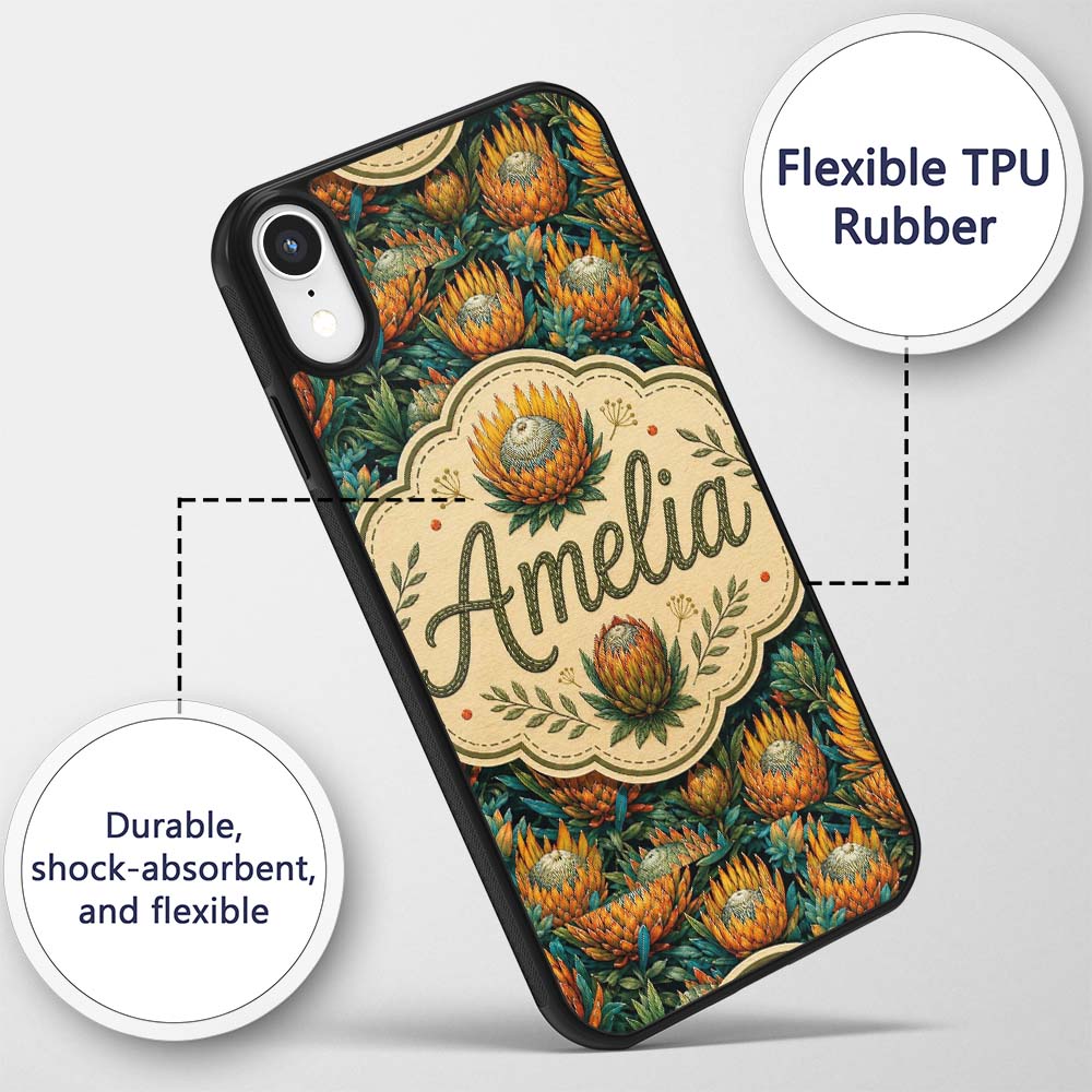 Vibrant Orange and Teal Protea Floral Seamless Custom Name Protective Phone Case Mobile Cover Durable Everyday Smartphone Shock Resistant