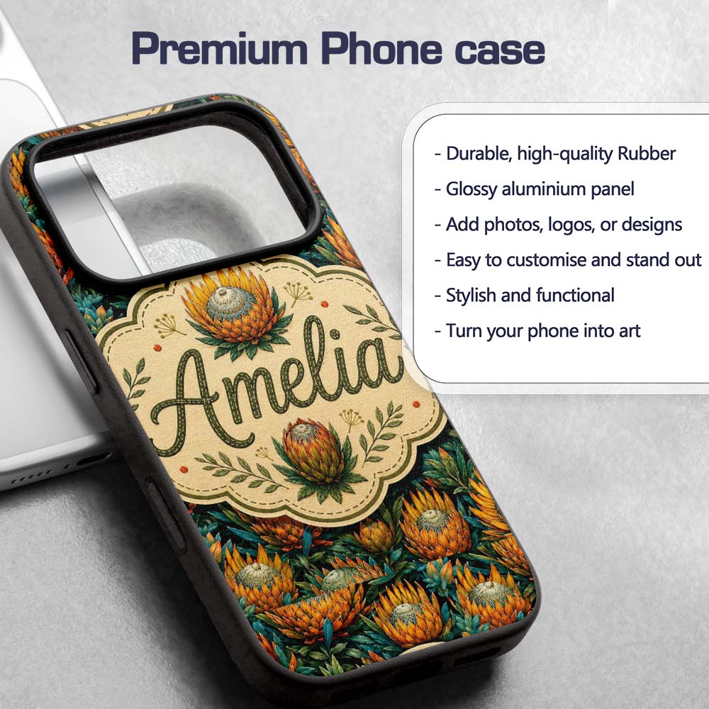 Vibrant Orange and Teal Protea Floral Seamless Custom Name Protective Phone Case Mobile Cover Durable Everyday Smartphone Shock Resistant