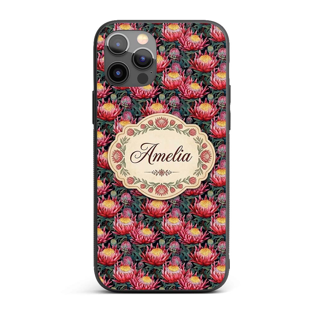 Bold Pink Protea Botanical Floral Printed Design Custom Name Protective Phone Case Mobile Cover Durable Everyday Smartphone Shock Resistant