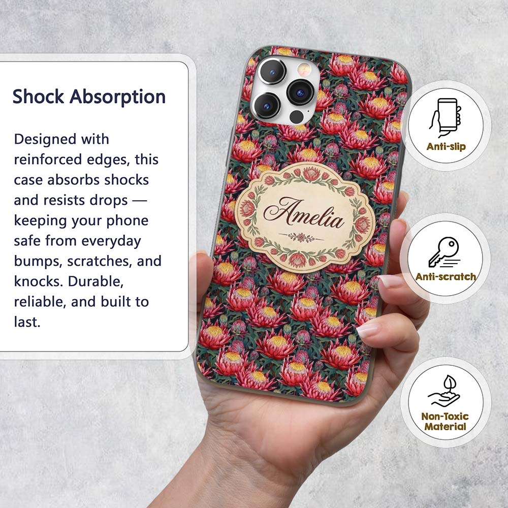 Bold Pink Protea Botanical Floral Printed Design Custom Name Protective Phone Case Mobile Cover Durable Everyday Smartphone Shock Resistant