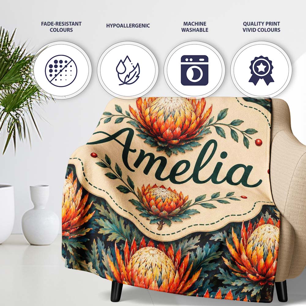 Artistic Protea Floral with Blue Leaves Seamless Pattern Lovely Personalised Custom Name Super Soft Fleece Blanket Bed Sofa Throw