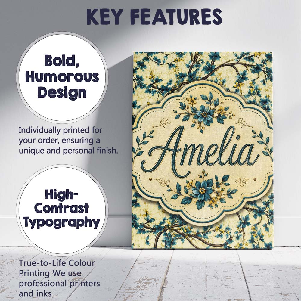Personalised Name Elegant Blue Floral Custom Modern Room Accent Creative Decorator Style Canvas Wall Art Print Decor Picture Ready to Hang