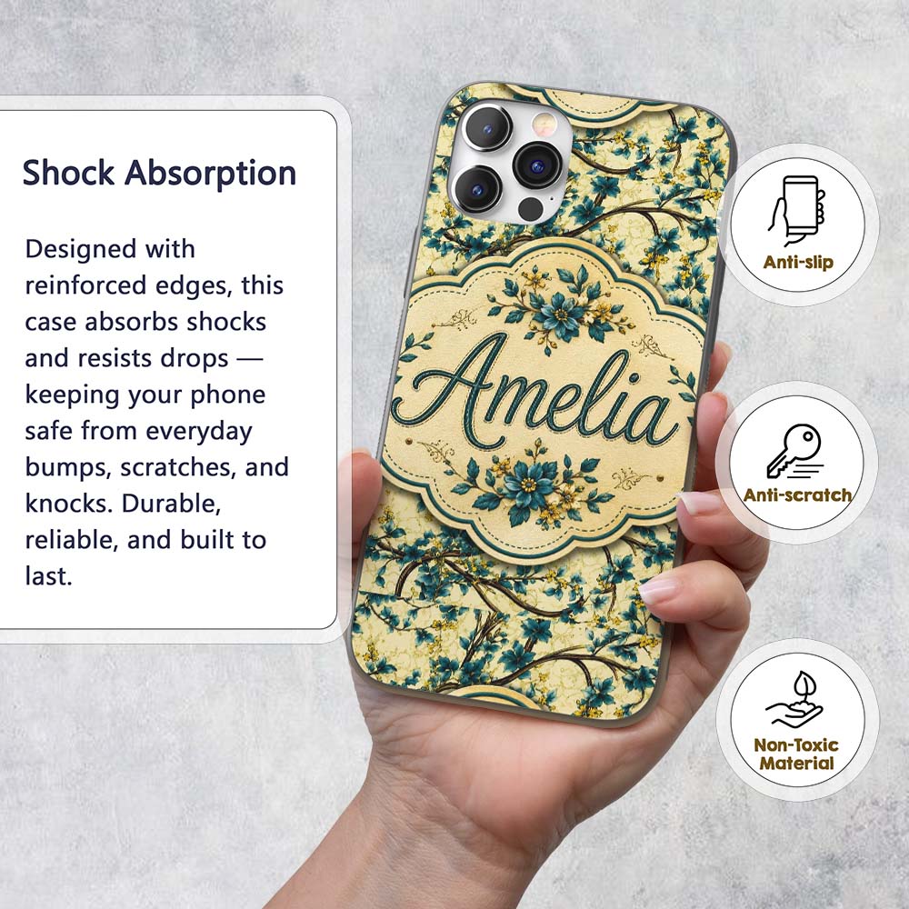 Elegant Blue Floral Branches on Cream Background Custom Name Protective Phone Case Mobile Cover Durable Everyday Smartphone Shock Resistant