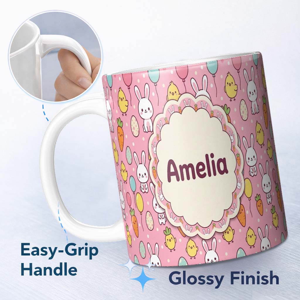 Personalized Custom Name Cute Easter Bunny Chick Carrots Eggs Polka Dot Pattern Rose Pink 11oz Ceramic Coffee Tea Mug White Large Handle