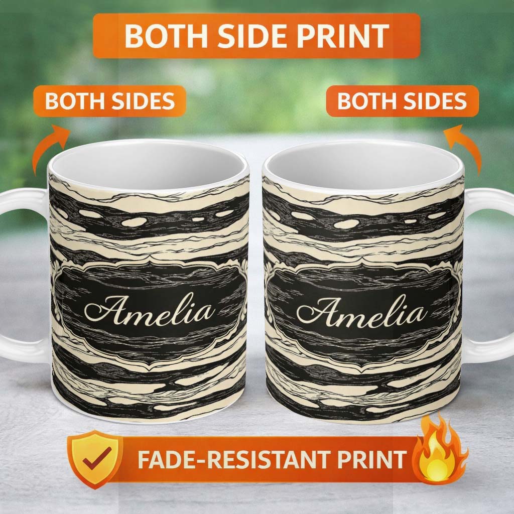Personalized Custom Name Fluid Marble Swirl Black Cream Abstract Flow Pattern Lovely 11oz Ceramic Coffee Tea Mug White Large Handle
