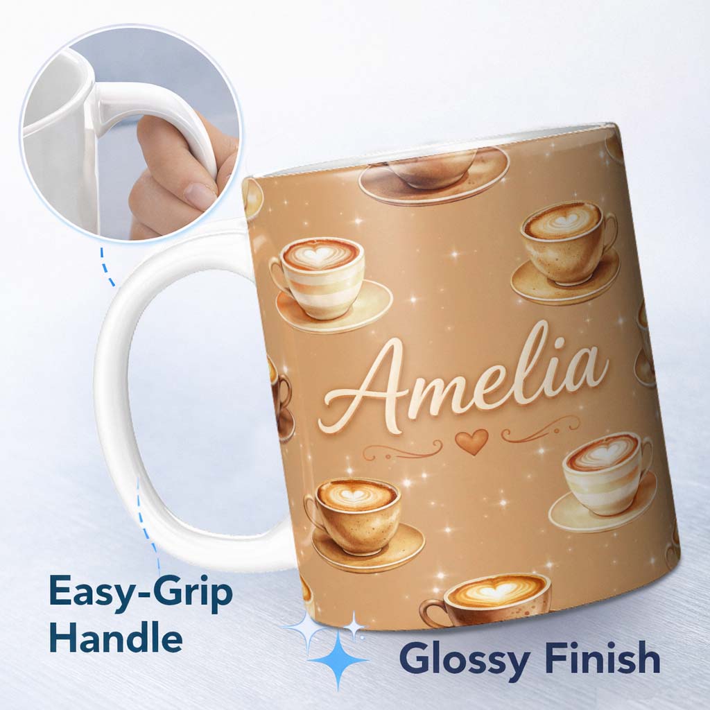 Personalized Custom Name Coffee Latte Cappuccino Cup Seamless Pattern on Beige Background 11oz Ceramic Coffee Tea Mug White Large Handle