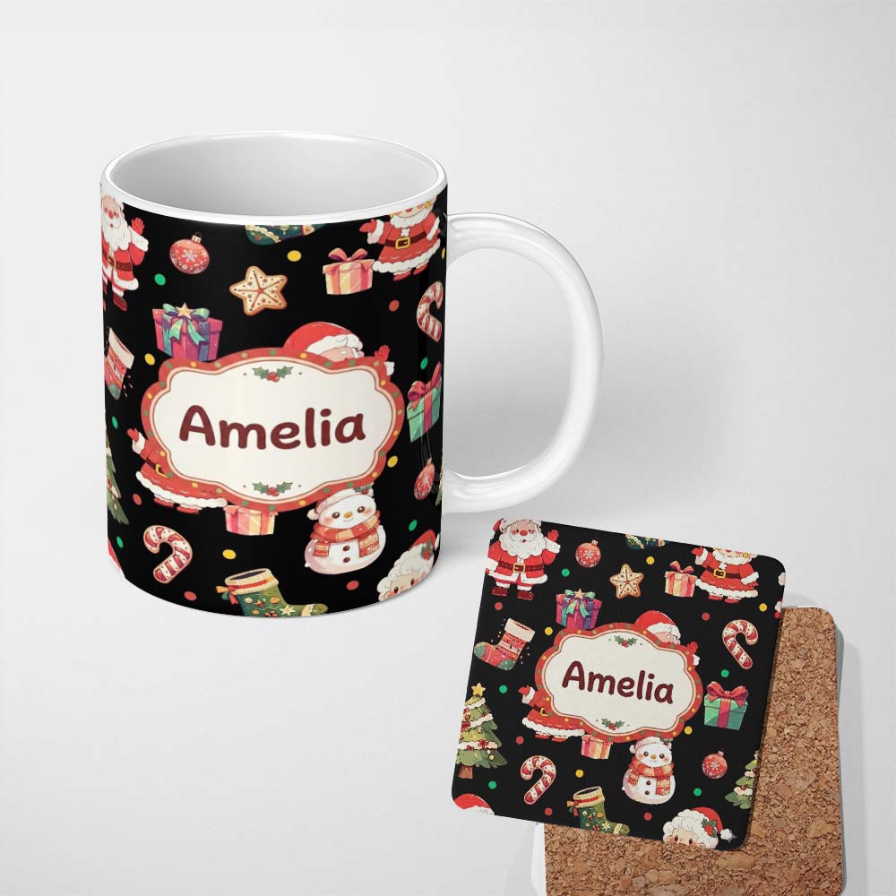 Personalized Custom Name Cute Santa Claus Mrs Claus Snowman Christmas Gift Candy Cane Black 11oz Ceramic Coffee Tea Mug White Large Handle