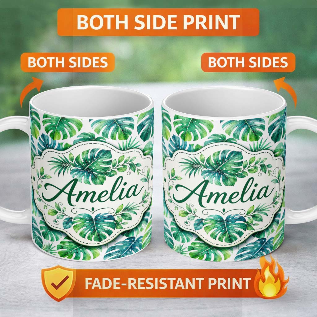 Personalized Custom Name Soft Watercolor Monstera Leaves in Fresh Green Tones Seamless Lovely 11oz Ceramic Coffee Tea Mug White Large Handle