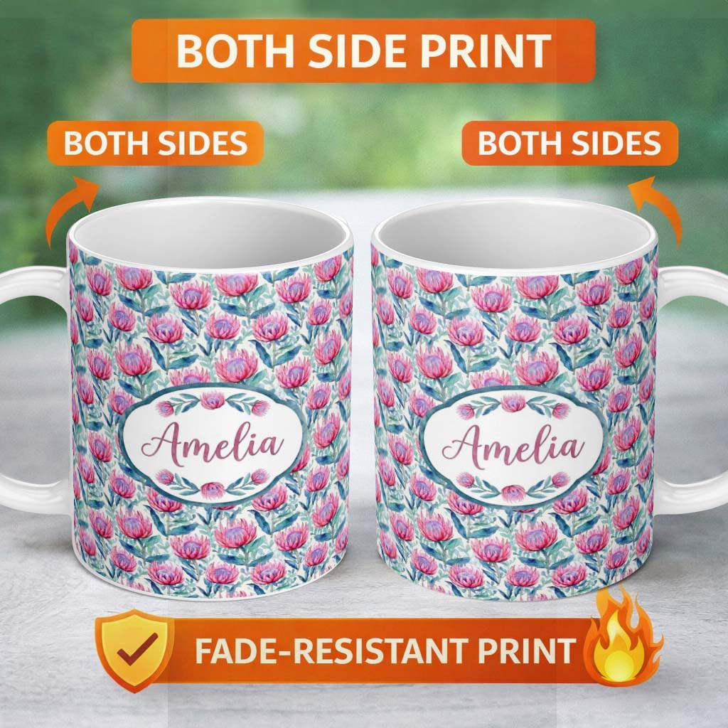Personalized Custom Name Bright Pink Protea Flowers with Blue Green Leaves Seamless Pattern 11oz Ceramic Coffee Tea Mug White Large Handle
