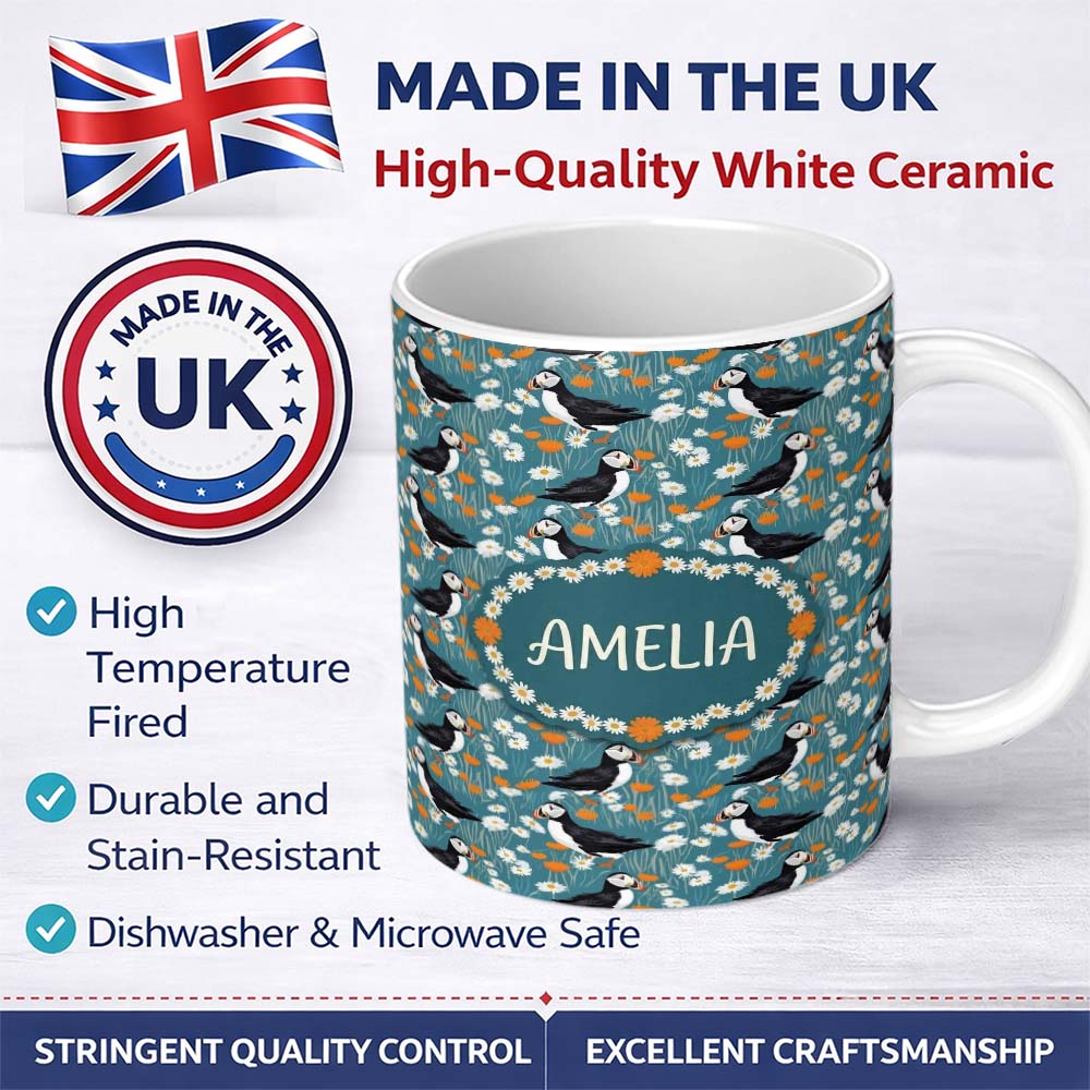 Personalized Custom Name Colorful Puffin Bird and Wildflower Meadow Seamless Pattern Lovely 11oz Ceramic Coffee Tea Mug White Large Handle