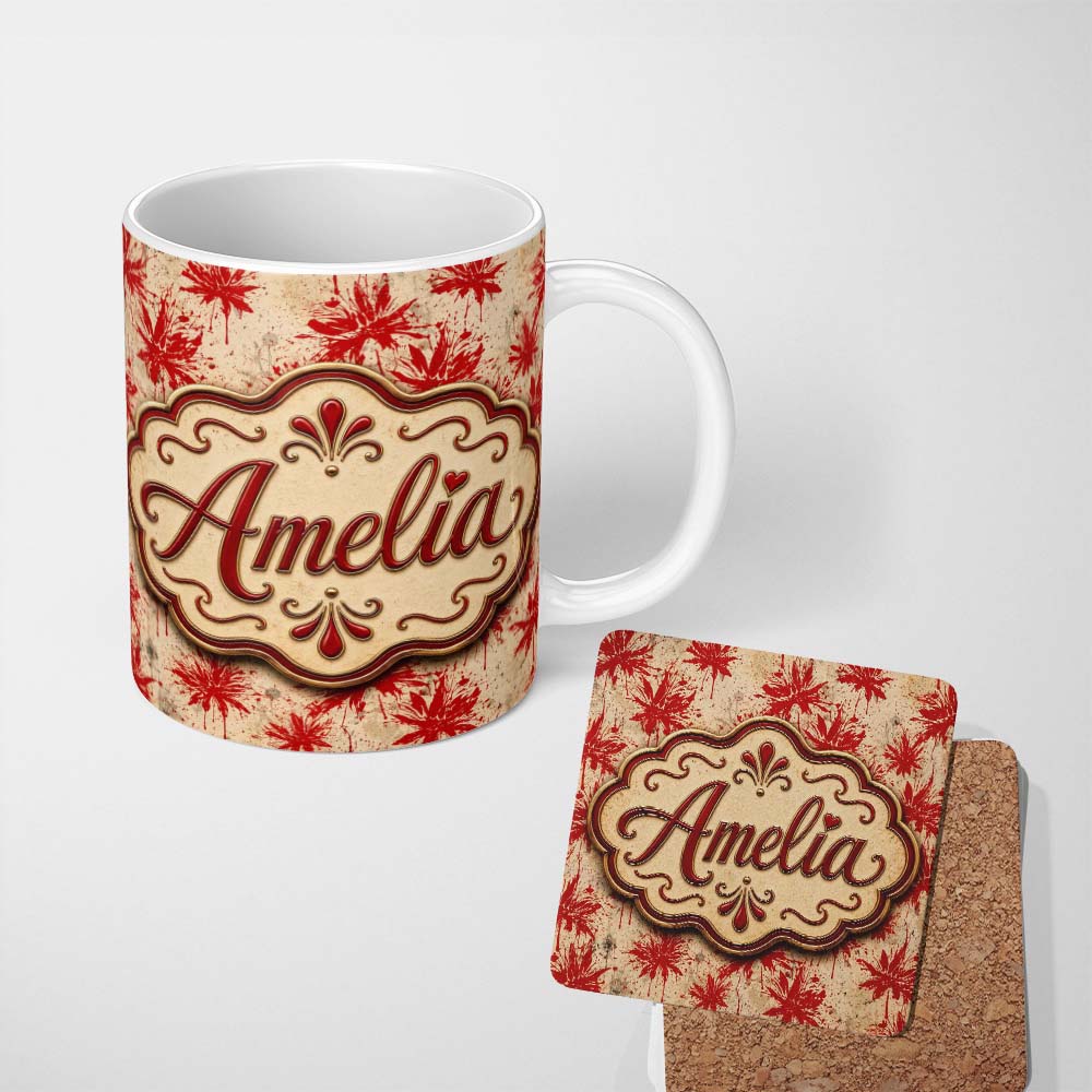 Personalized Custom Name Grunge Red Floral Splash Abstract Seamless Pattern Cute Unique Gift 11oz Ceramic Coffee Tea Mug White Large Handle