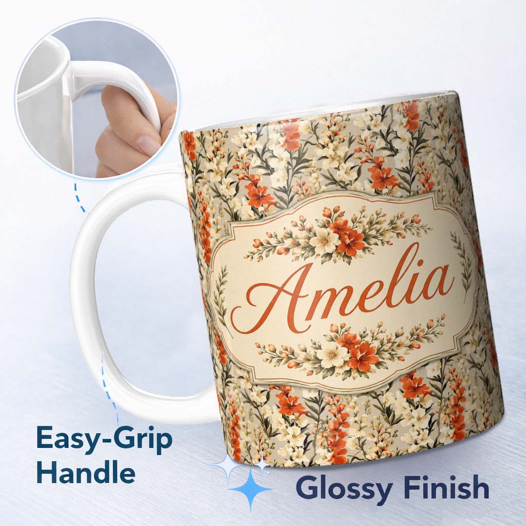 Personalized Custom Name Vintage Neutral Floral Stripe Pattern with Burnt Orange and Cream 11oz Ceramic Coffee Tea Mug White Large Handle