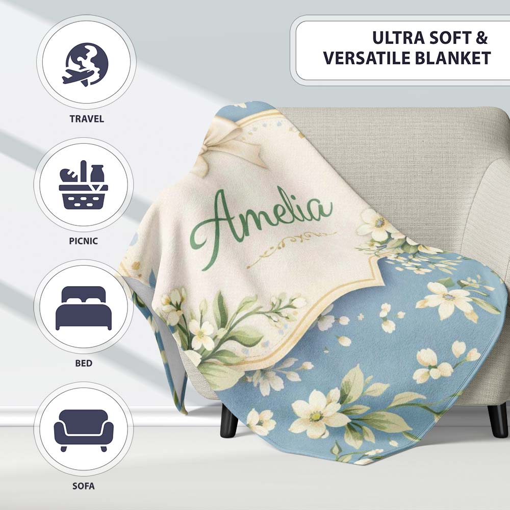 Soft White Floral Blossom Vintage Style Thoughtful Gift Idea Lovely Personalised Custom Name Super Soft Fleece Blanket Bed Sofa Throw