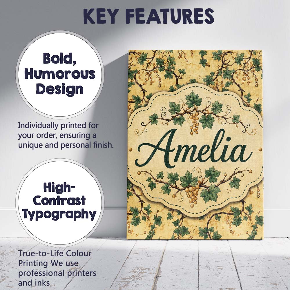 Personalised Name Classic Vine Leaves and Custom Unique Gift Idea Elegant Feature Canvas Wall Art Print Decor Picture Ready to Hang
