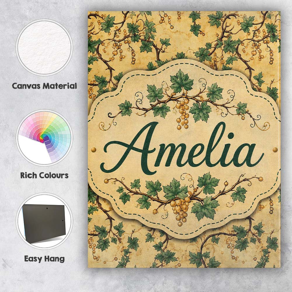 Personalised Name Classic Vine Leaves and Custom Unique Gift Idea Elegant Feature Canvas Wall Art Print Decor Picture Ready to Hang