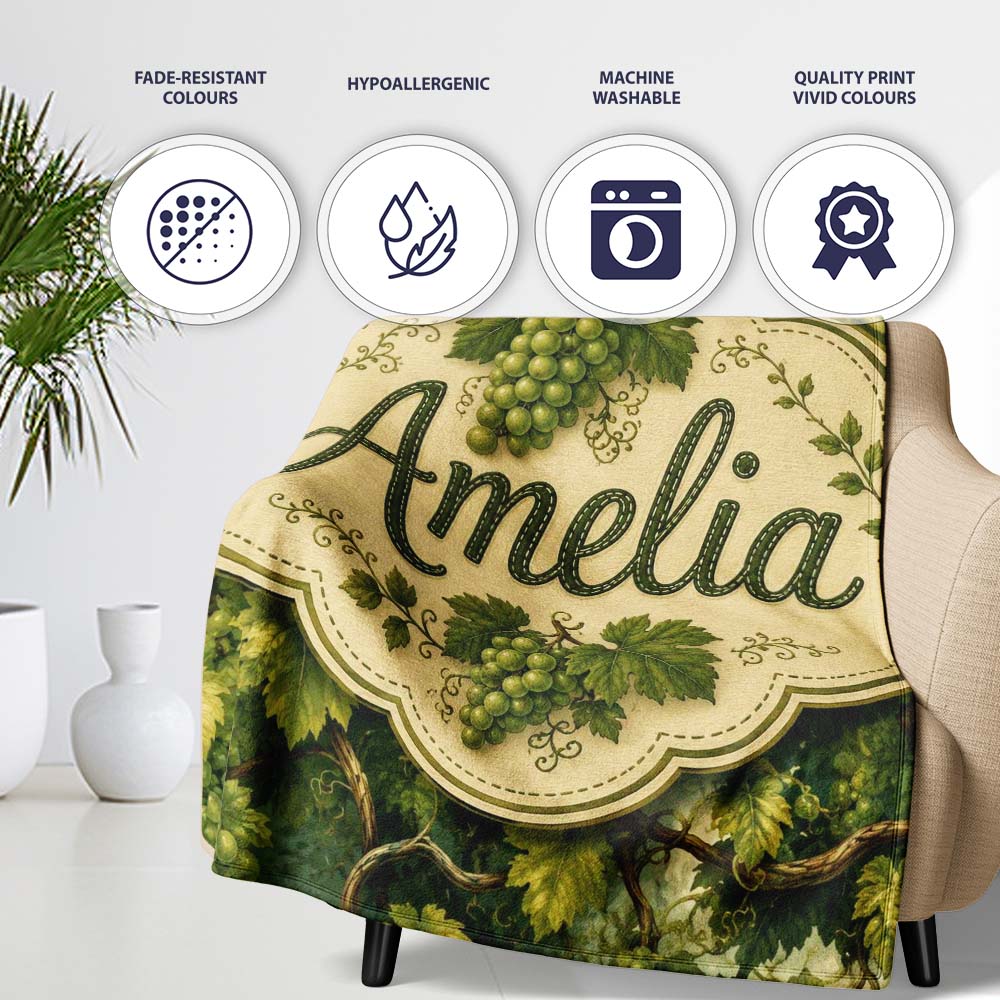 Green Grape Vine Leaves Botanical Seamless Pattern Cute Unique Gift Personalised Custom Name Super Soft Fleece Blanket Bed Sofa Throw