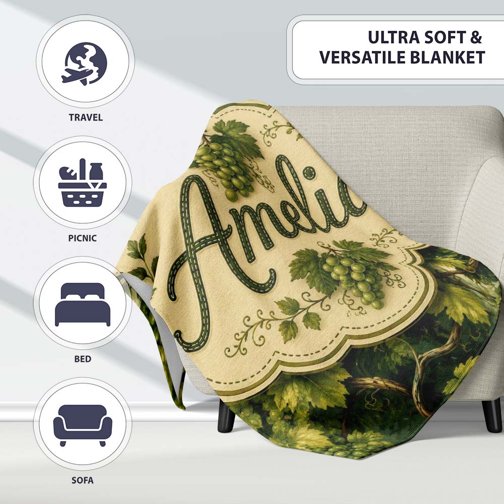Green Grape Vine Leaves Botanical Seamless Pattern Cute Unique Gift Personalised Custom Name Super Soft Fleece Blanket Bed Sofa Throw