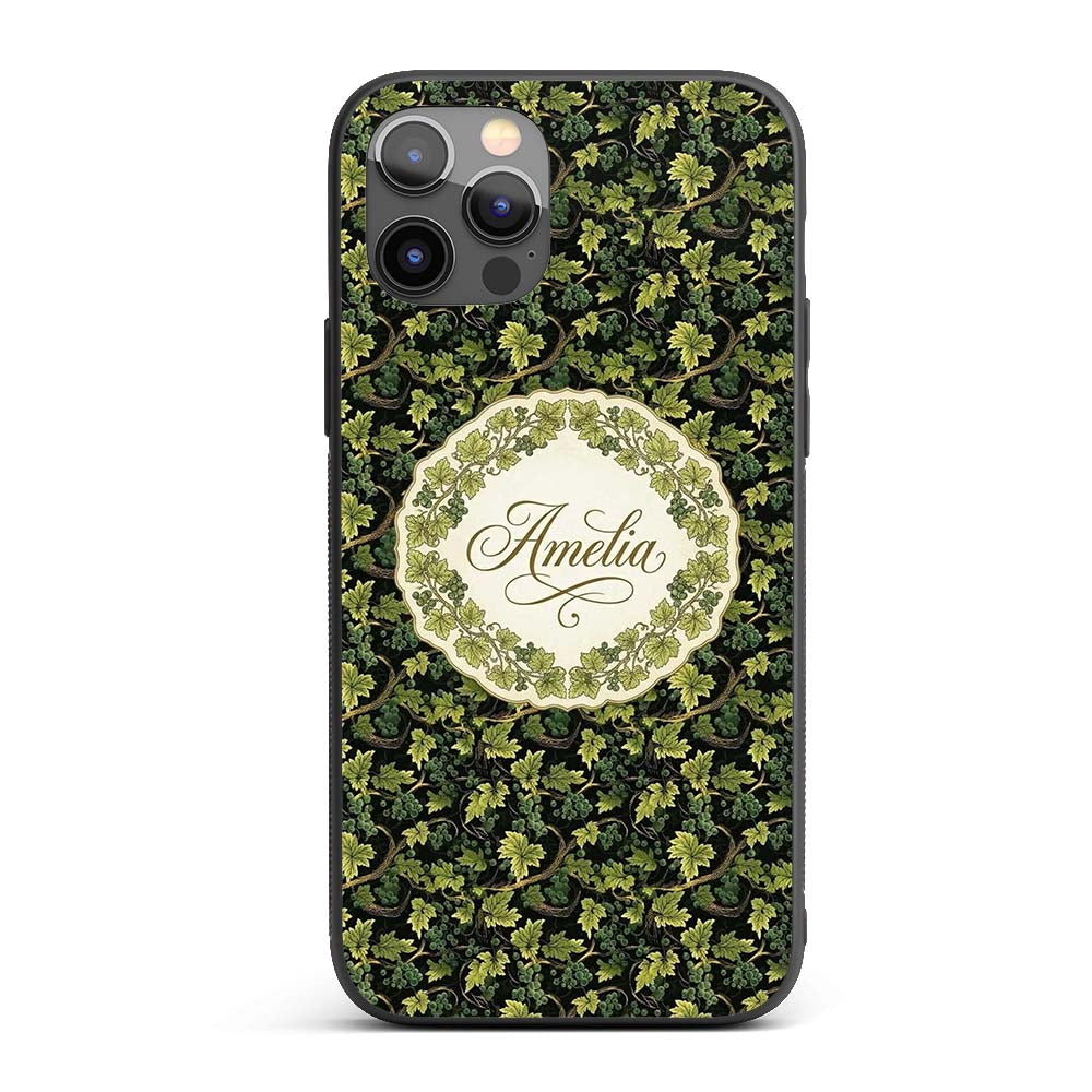 Dark Green Grape Vine Leaves and Fruit Seamless Custom Name Protective Phone Case Mobile Cover Durable Everyday Smartphone Shock Resistant