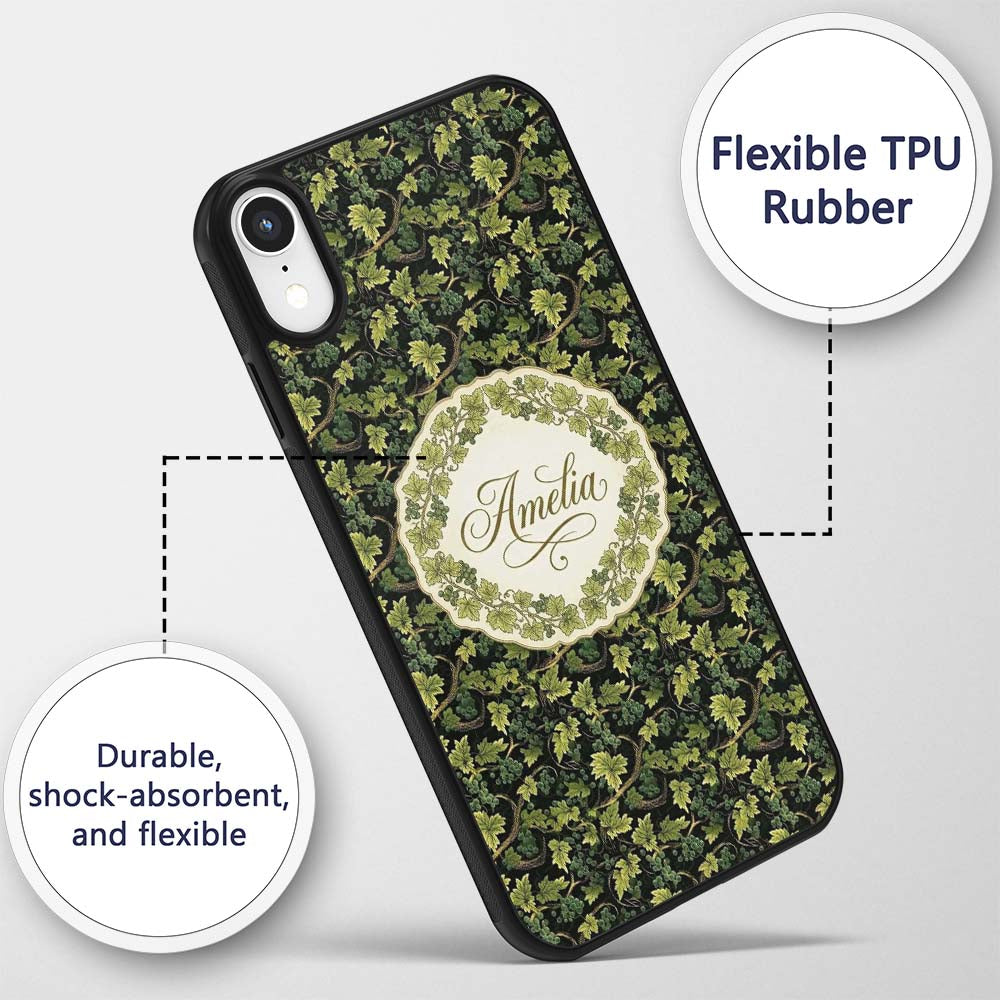 Dark Green Grape Vine Leaves and Fruit Seamless Custom Name Protective Phone Case Mobile Cover Durable Everyday Smartphone Shock Resistant
