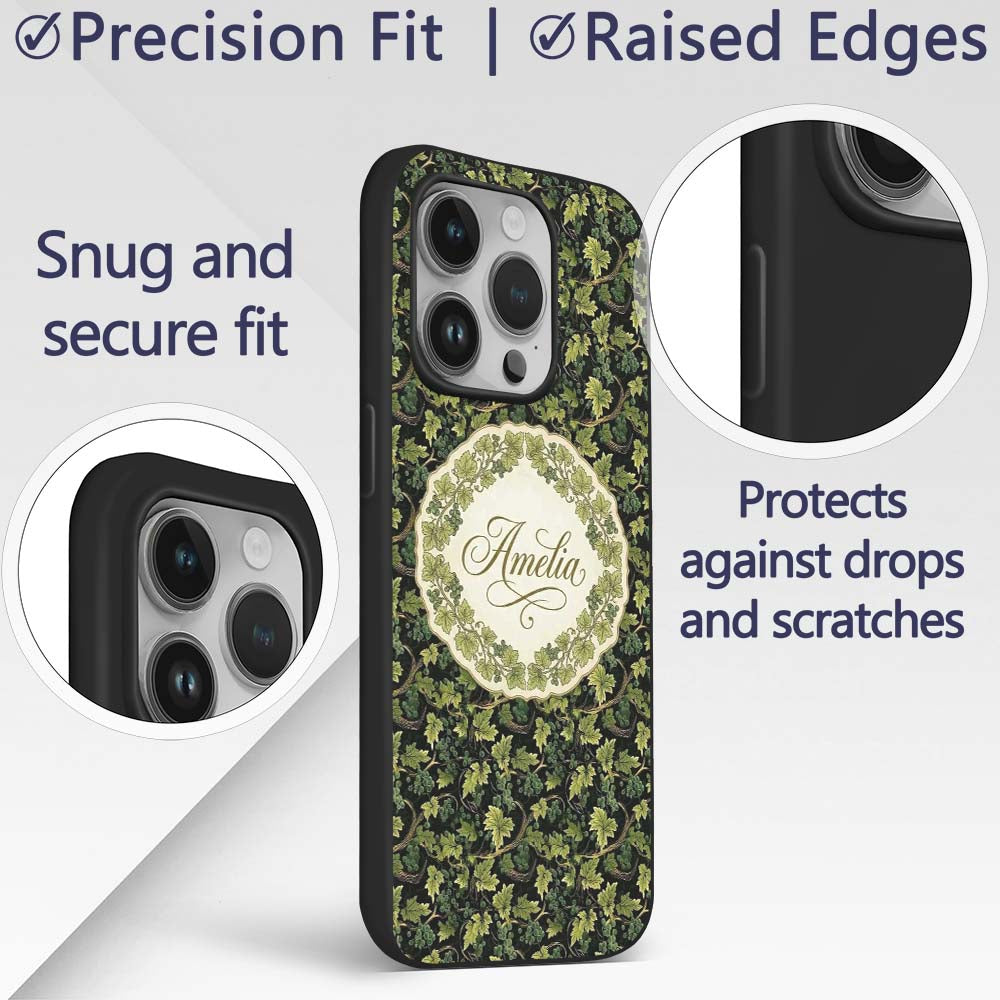 Dark Green Grape Vine Leaves and Fruit Seamless Custom Name Protective Phone Case Mobile Cover Durable Everyday Smartphone Shock Resistant