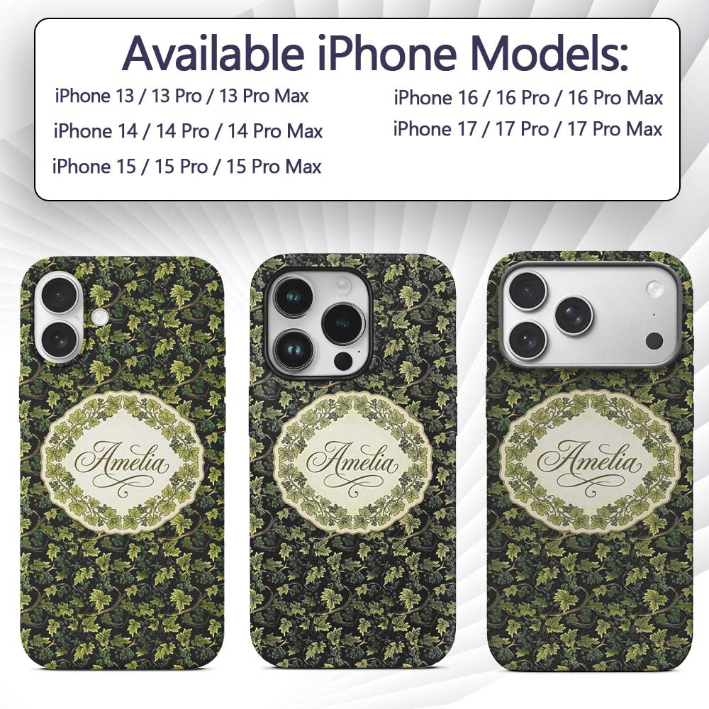 Dark Green Grape Vine Leaves and Fruit Seamless Custom Name Protective Phone Case Mobile Cover Durable Everyday Smartphone Shock Resistant