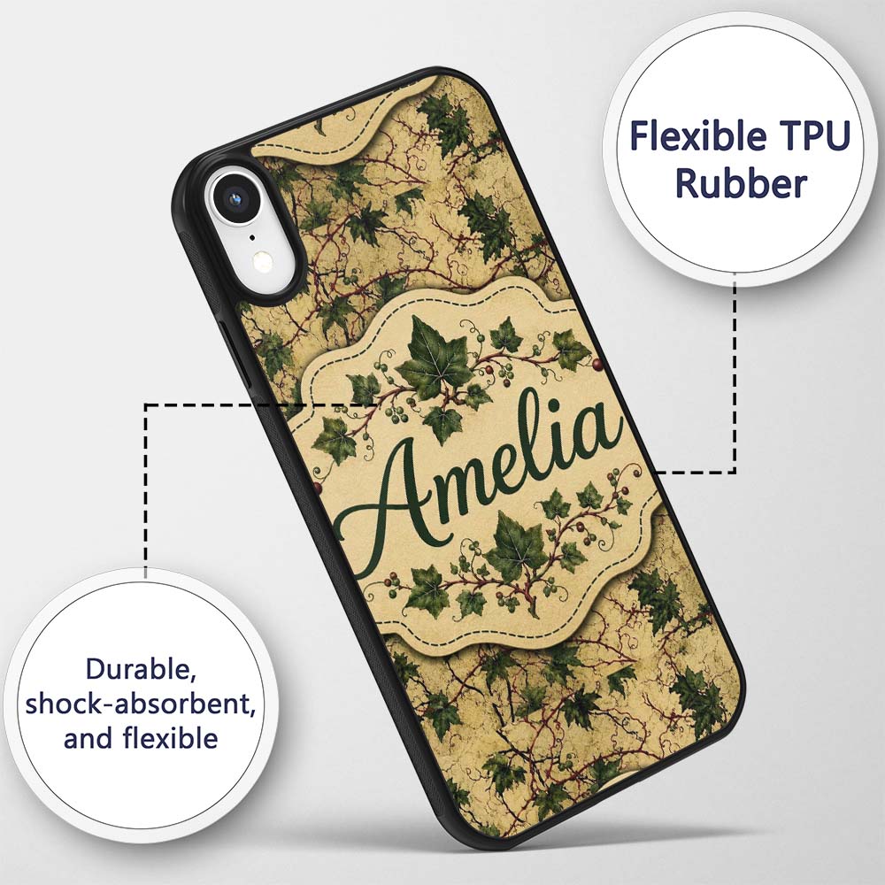Vintage Maple Leaf Branches on Textured Beige Custom Name Protective Phone Case Mobile Cover Durable Everyday Smartphone Shock Resistant