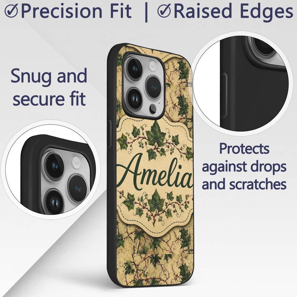 Vintage Maple Leaf Branches on Textured Beige Custom Name Protective Phone Case Mobile Cover Durable Everyday Smartphone Shock Resistant
