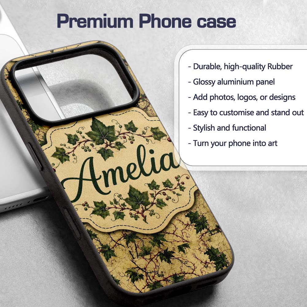 Vintage Maple Leaf Branches on Textured Beige Custom Name Protective Phone Case Mobile Cover Durable Everyday Smartphone Shock Resistant
