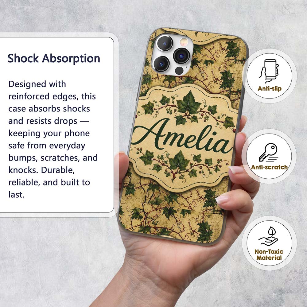 Vintage Maple Leaf Branches on Textured Beige Custom Name Protective Phone Case Mobile Cover Durable Everyday Smartphone Shock Resistant