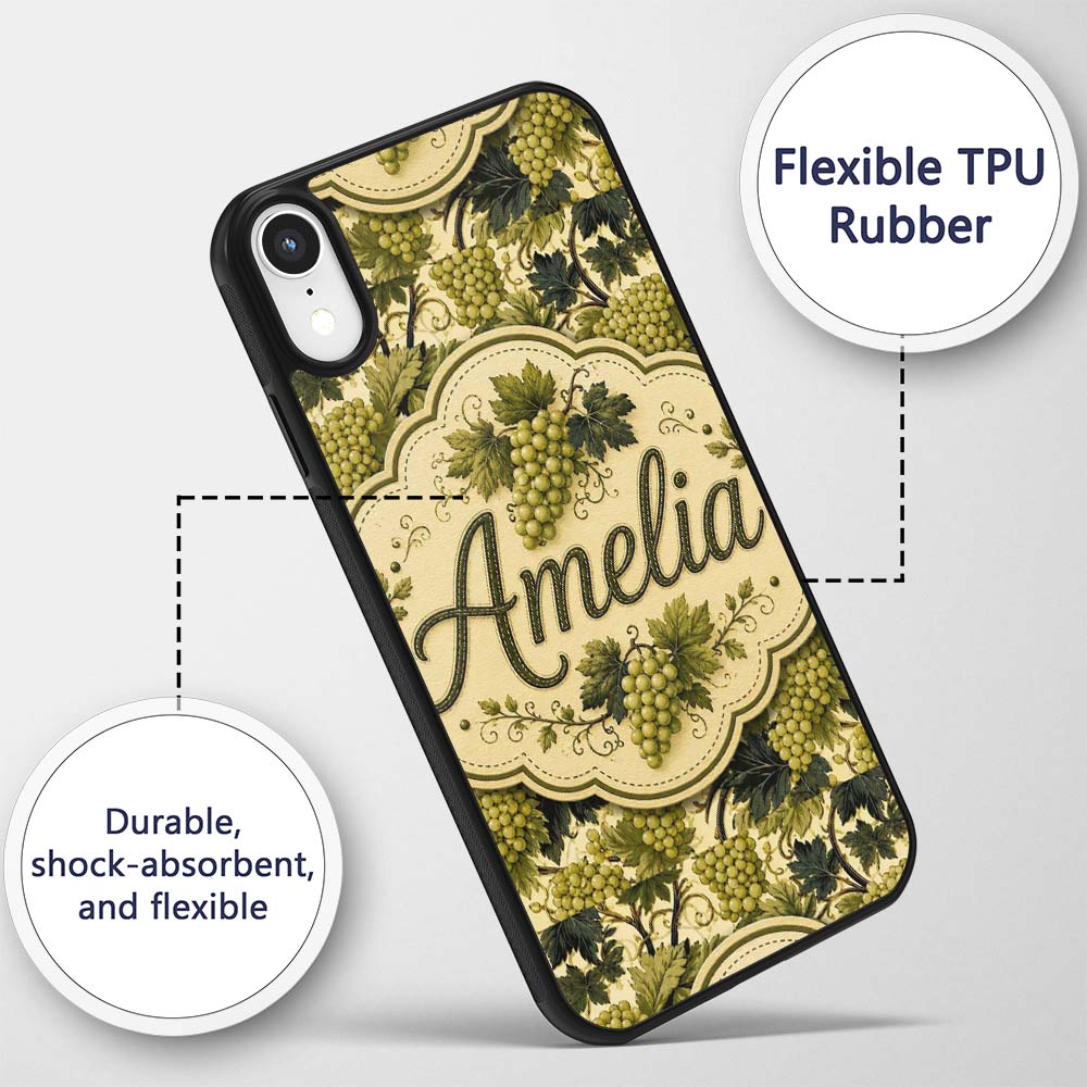Classic Vineyard Grapes and Leaves Botanical Custom Name Protective Phone Case Mobile Cover Durable Everyday Smartphone Shock Resistant