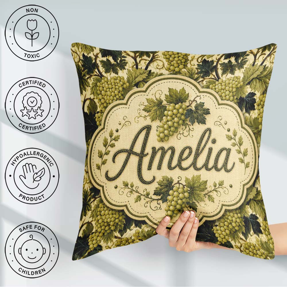 Custom Name Classic Vineyard Grapes and Leaves Botanical Pattern Square Filled Cushion Throw Pillow Sofa Bed Home Decor Zip Washable UK Made