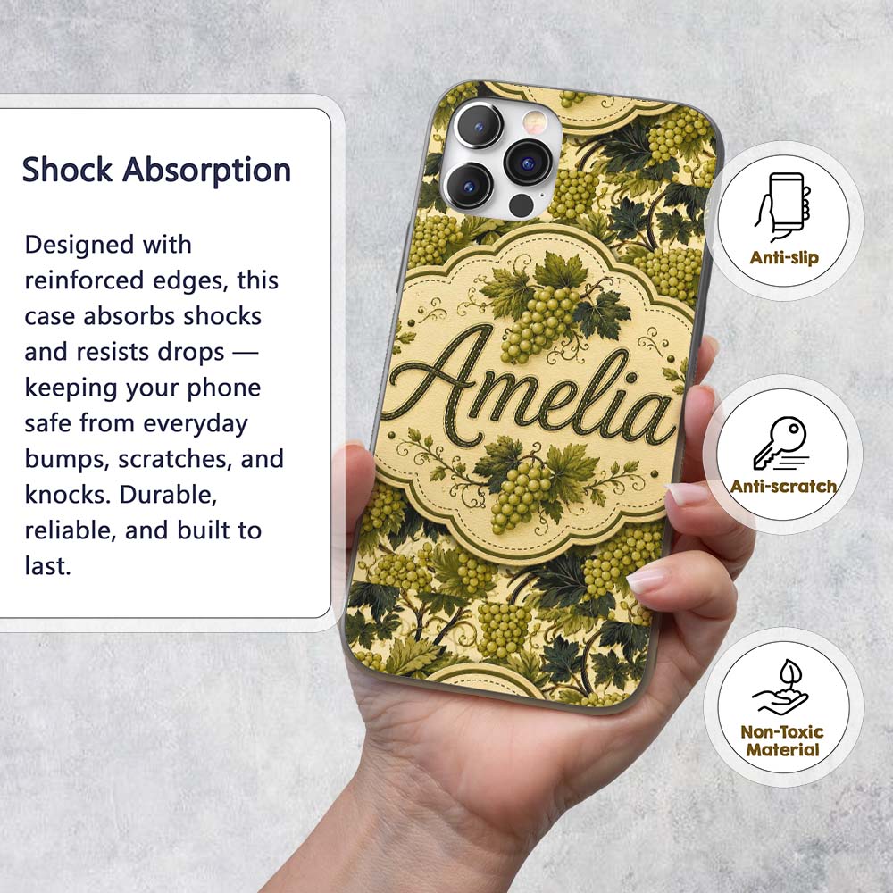 Classic Vineyard Grapes and Leaves Botanical Custom Name Protective Phone Case Mobile Cover Durable Everyday Smartphone Shock Resistant