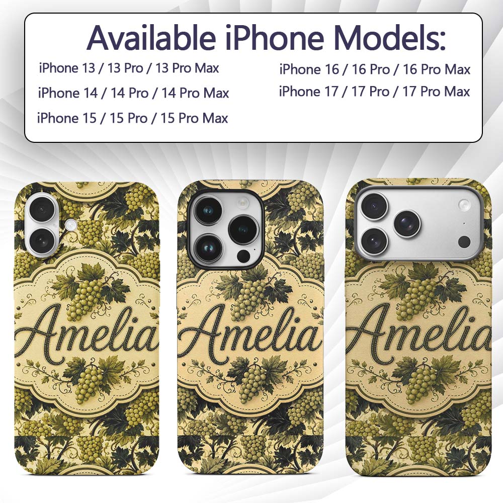 Classic Vineyard Grapes and Leaves Botanical Custom Name Protective Phone Case Mobile Cover Durable Everyday Smartphone Shock Resistant
