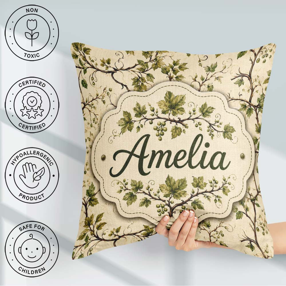 Custom Name Natural Woodland Vine Leaves Seamless Pattern Decor Square Filled Cushion Throw Pillow Sofa Bed Home Decor Zip Washable UK Made