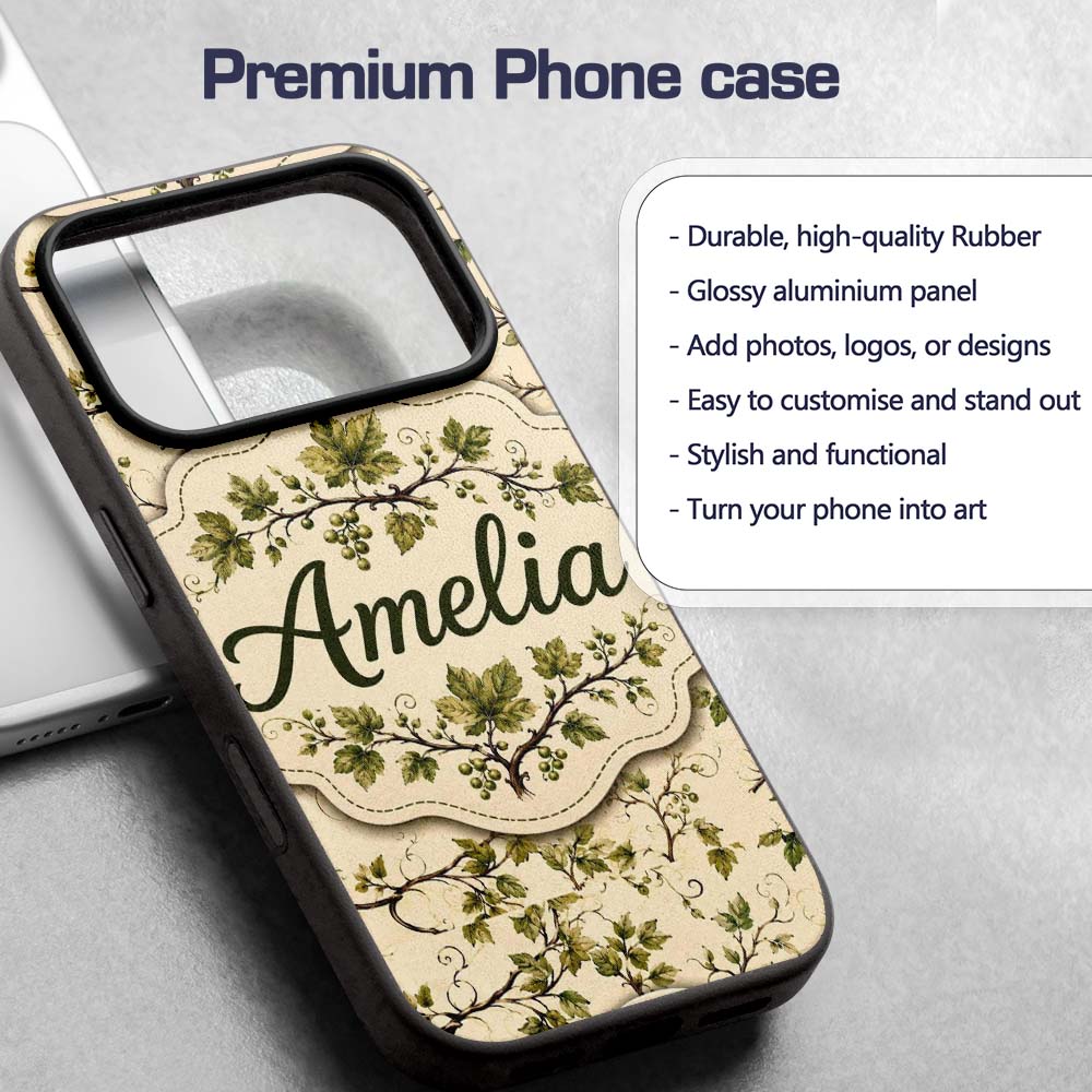 Natural Woodland Vine Leaves Seamless Pattern Custom Name Protective Phone Case Mobile Cover Durable Everyday Smartphone Shock Resistant