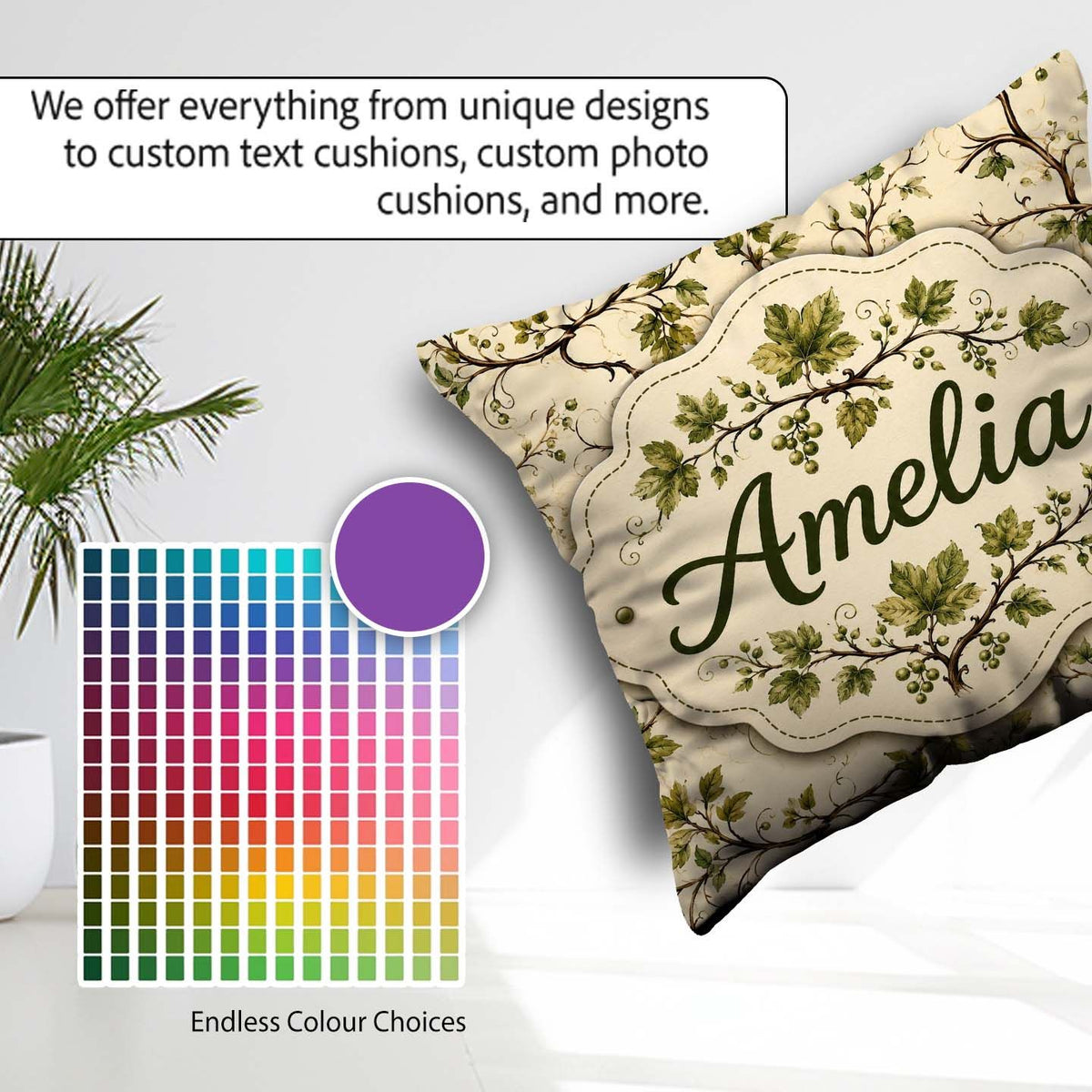 Custom Name Natural Woodland Vine Leaves Seamless Pattern Decor Square Filled Cushion Throw Pillow Sofa Bed Home Decor Zip Washable UK Made