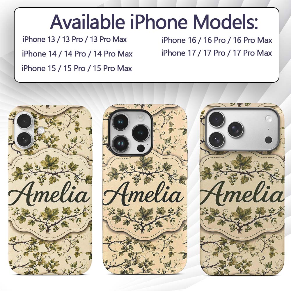 Natural Woodland Vine Leaves Seamless Pattern Custom Name Protective Phone Case Mobile Cover Durable Everyday Smartphone Shock Resistant