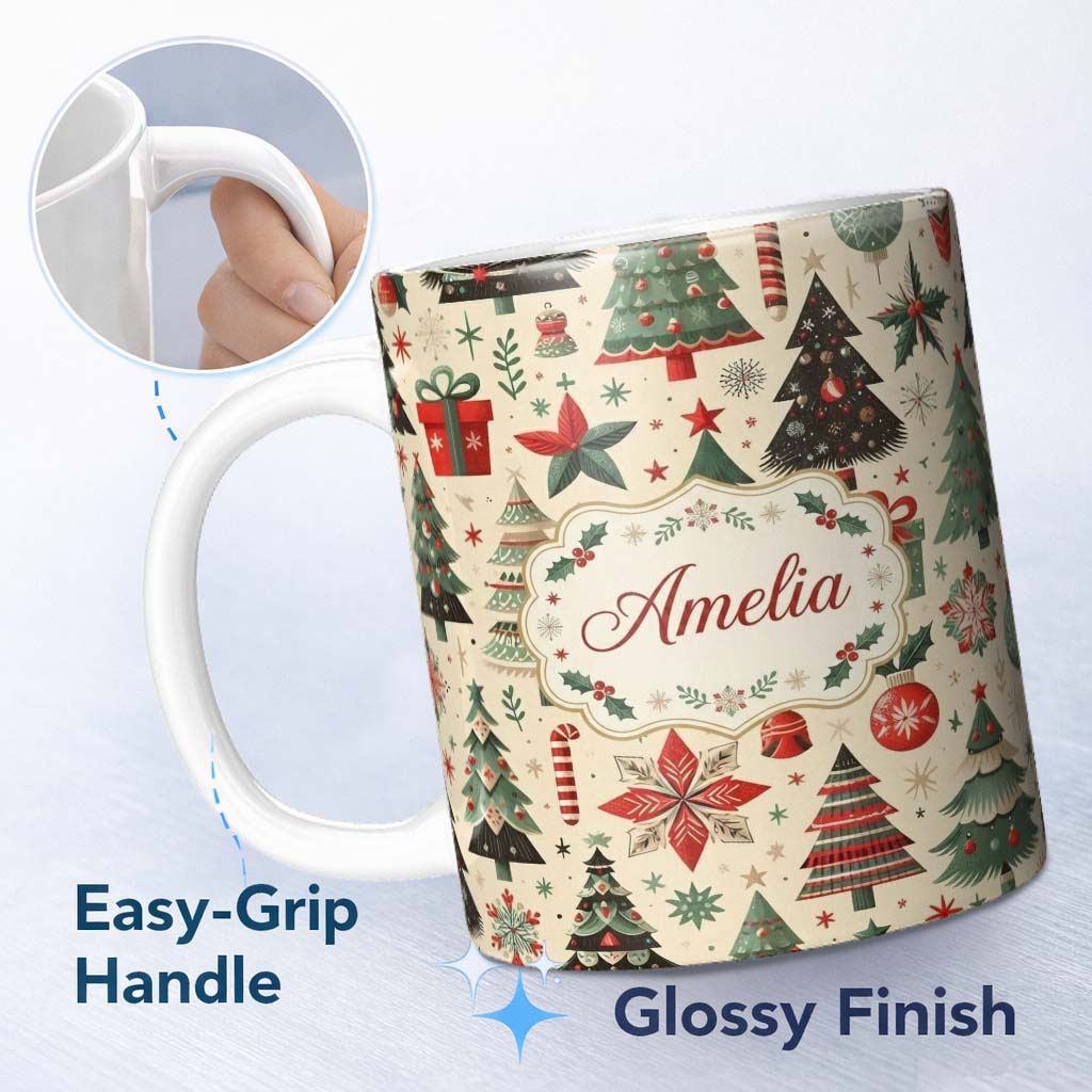 Personalized Custom Name Festive Christmas Tree Gift Ornament Star Holiday Seamless Pattern 11oz Ceramic Coffee Tea Mug White Large Handle