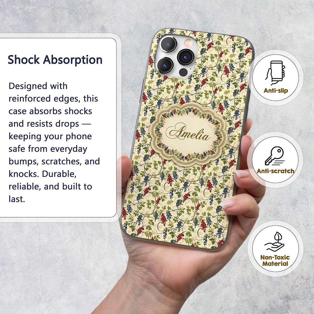 Red and Blue Grapes with Green Printed Design Custom Name Protective Phone Case Mobile Cover Durable Everyday Smartphone Shock Resistant